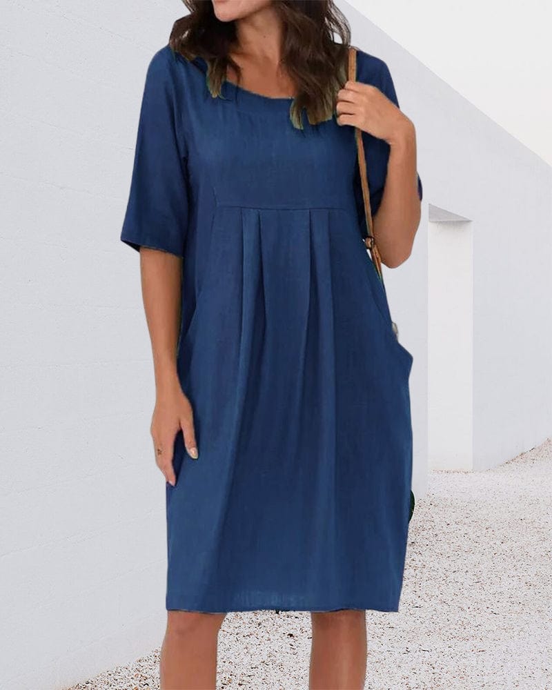 Utah - Solid Color Dress with Round Neckline and Pockets