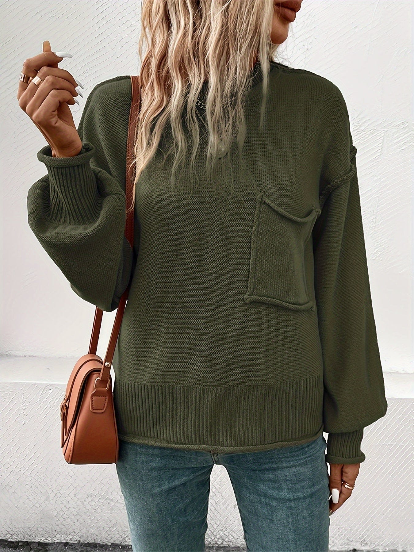 Celina - Casual Top-Stitching Long-Sleeve Pocket Sweater