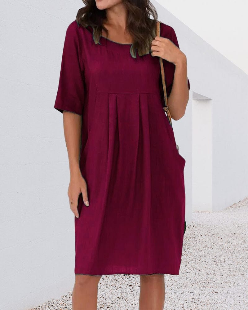 Utah - Solid Color Dress with Round Neckline and Pockets