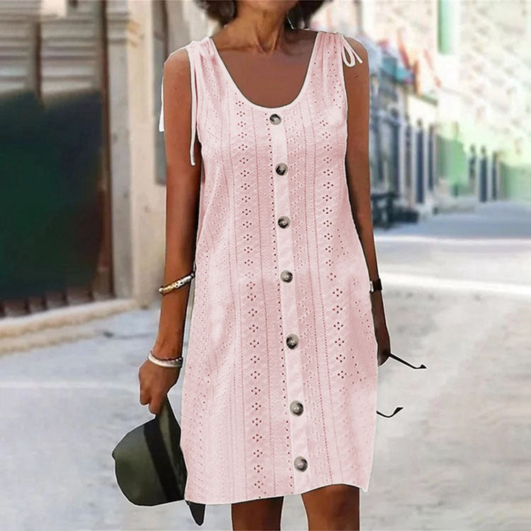 Elegant U-neck & sleeveless dress with buttons