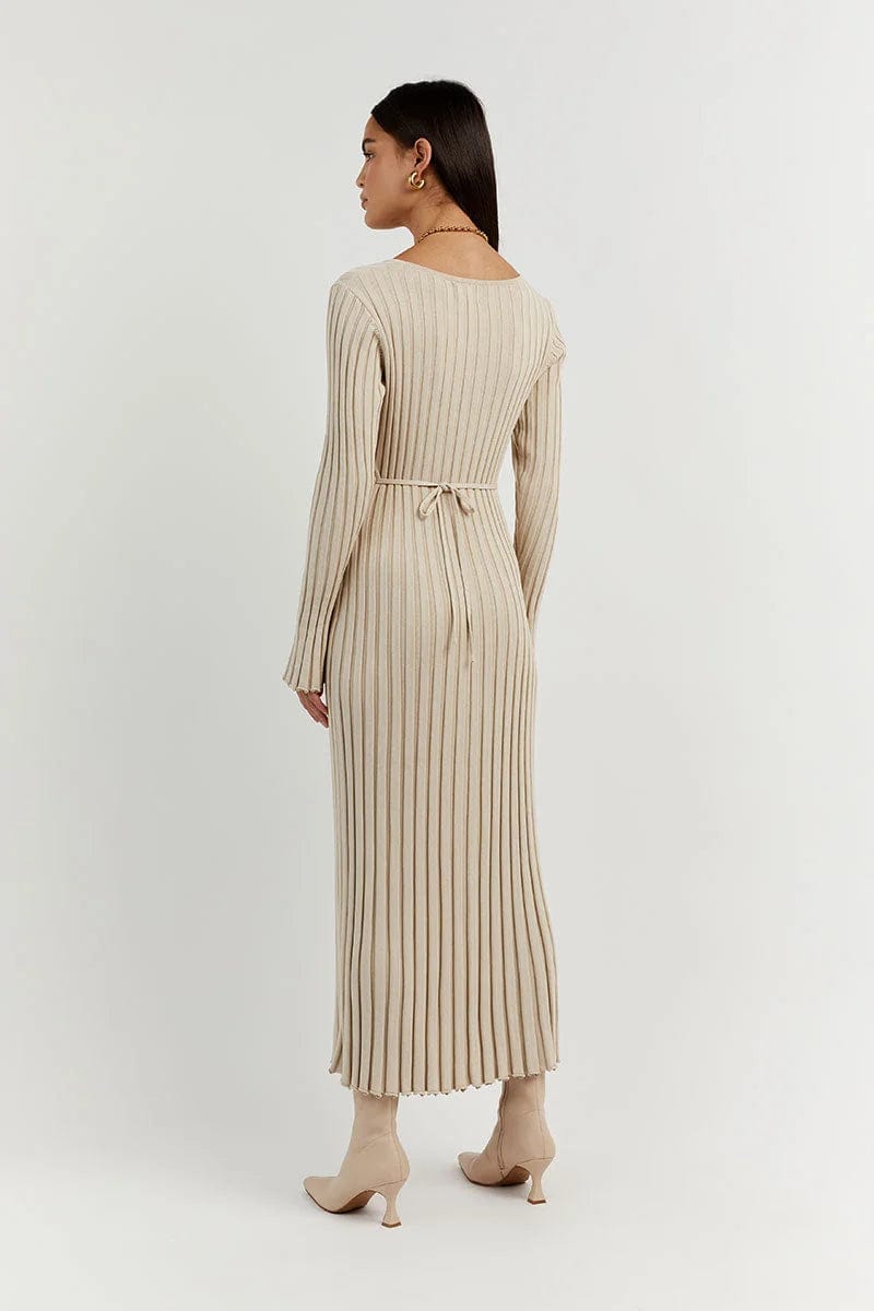 V-Neck Sleeved Knit Midi Dress