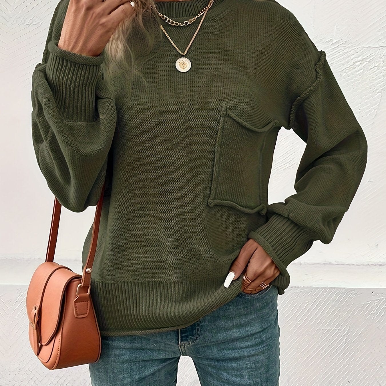 Celina - Casual Top-Stitching Long-Sleeve Pocket Sweater