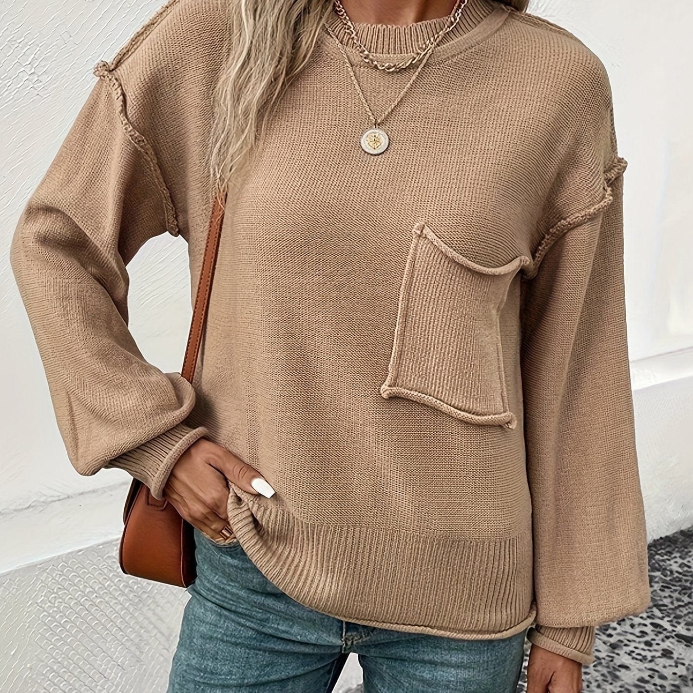 Celina - Casual Top-Stitching Long-Sleeve Pocket Sweater