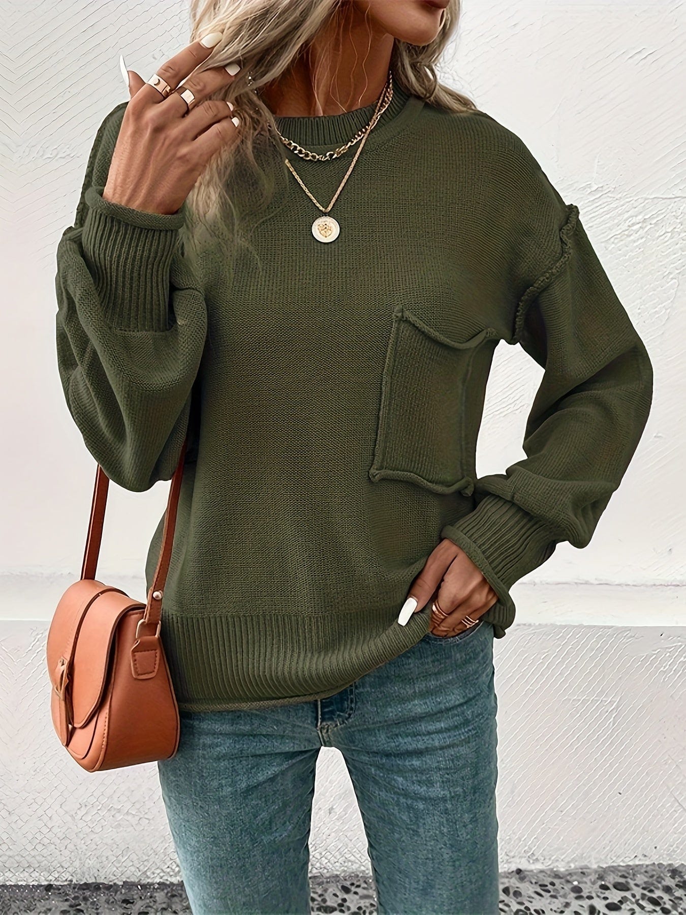 Celina - Casual Top-Stitching Long-Sleeve Pocket Sweater